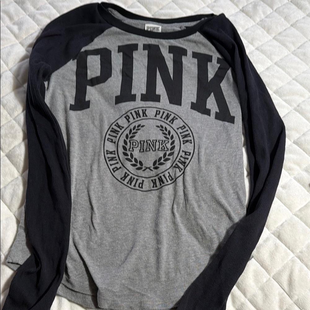 PINK Raglan Long Sleeve Tee in Gray and Black
